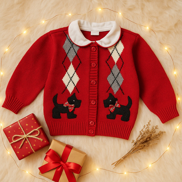 Vintage 90s Toddler Girl’s Red Scottie Dog Cardigan Sweater – B.T. Kids Size 2T - Picture 1 of 8